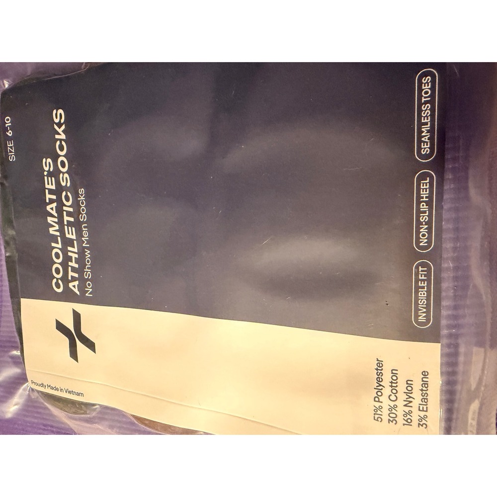 Coolmate's Athletic Socks No Show Men Socks Black 2 Pack Size 6-10 Invisible Fit - Picture 2 of 4